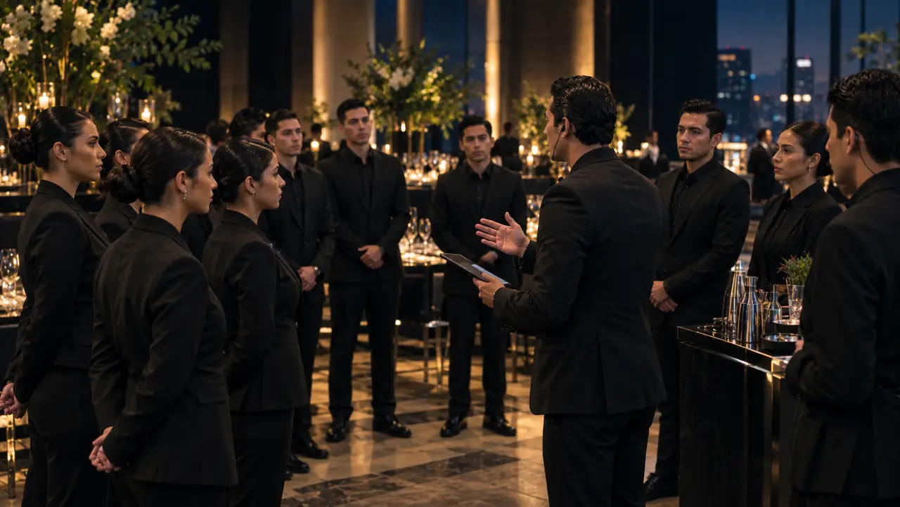 Supervisor de Soy Pro dando briefing al staff uniformado antes de un evento corporativo