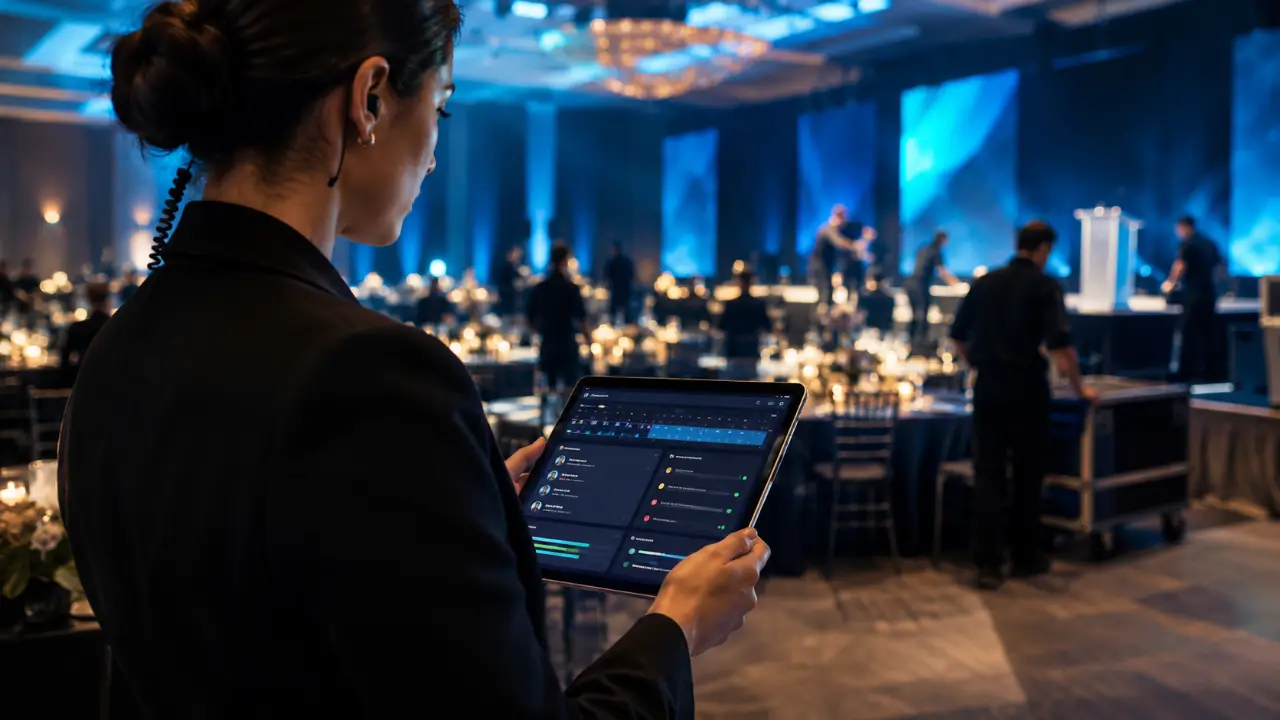 Event planner de Soy Pro monitoreando el evento en tiempo real desde una tablet